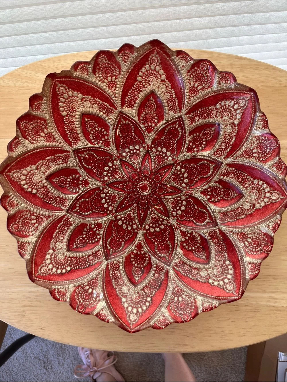 Decorative Red and Gold Glass Bowl with Embellished Ornaments